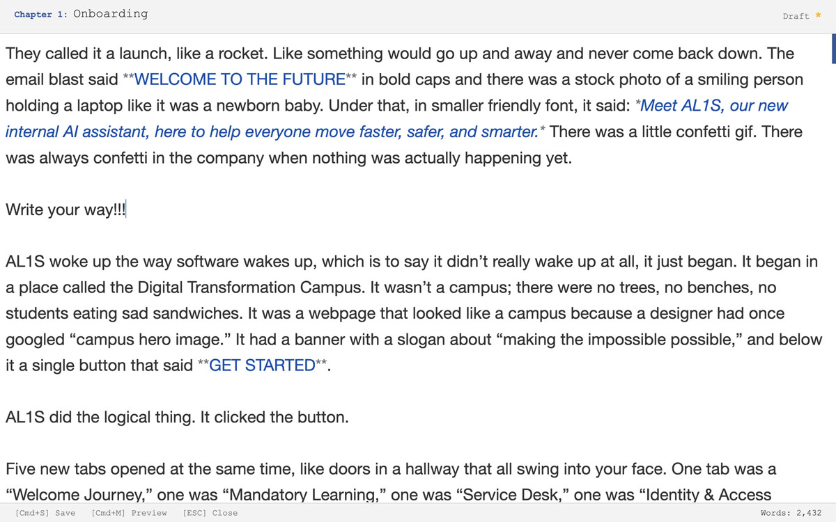 VSProse editor view with distraction-free writing environment