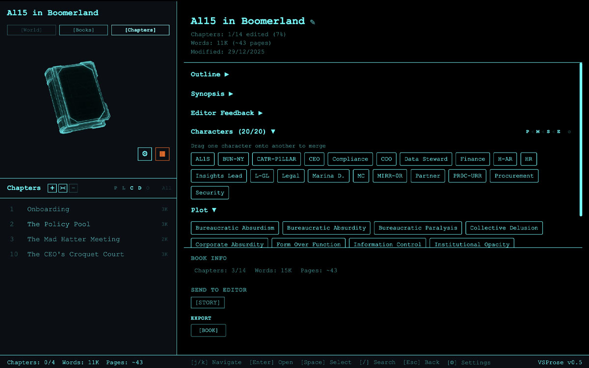 VSProse main screen showing book overview and chapter navigation